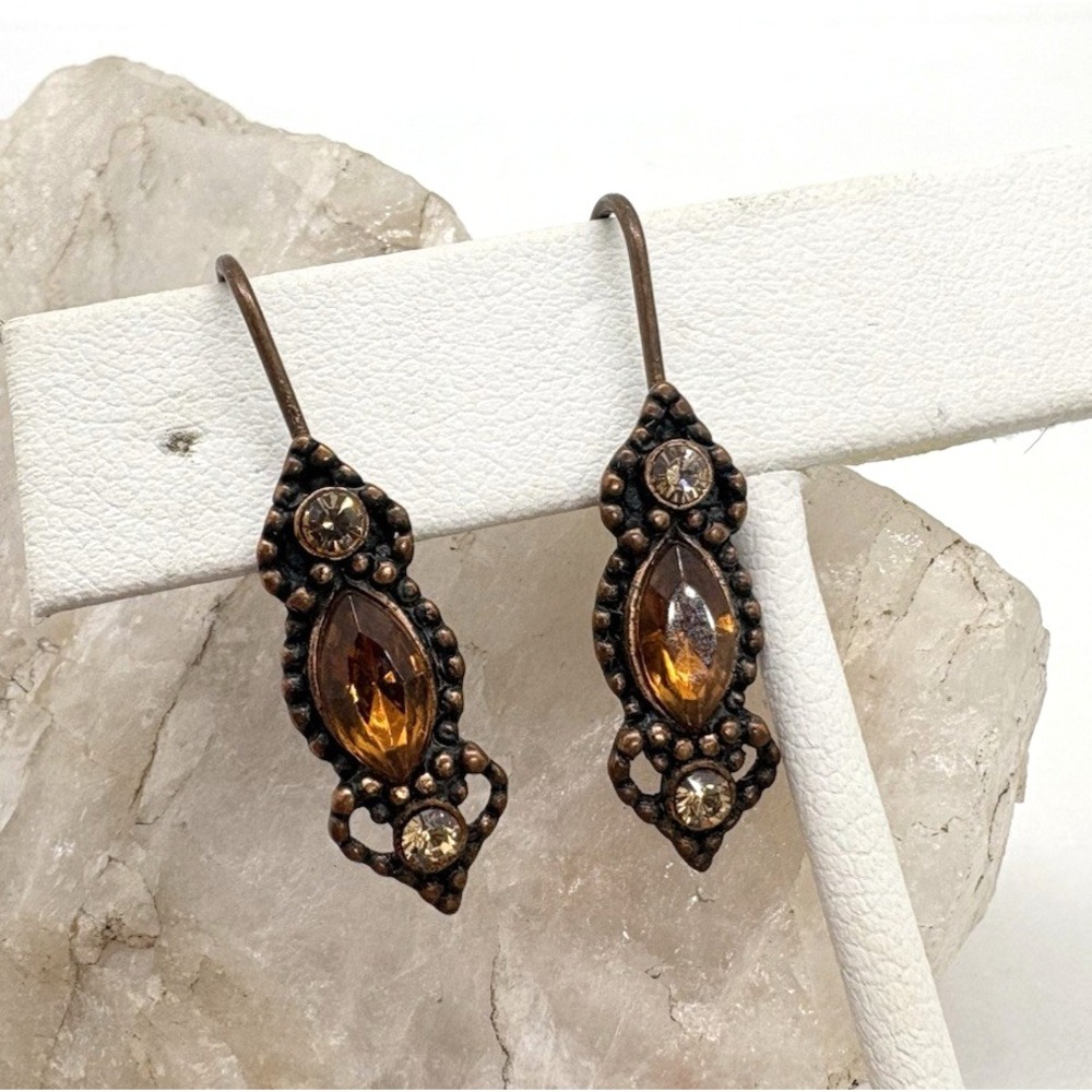 Vintage Berebi Signed Orange Rhinestone‎ Leverback Pierced Earrings 1990s Retro